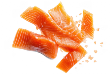 Freshly cut raw salmon slices with marbled texture and sprinkled with coarse sea salt ideal for sushi or sashimi isolated on a transparent background
