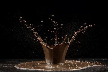 food photography, slow motion realistic chocolate splash with rich textures and high contrast against a dark background