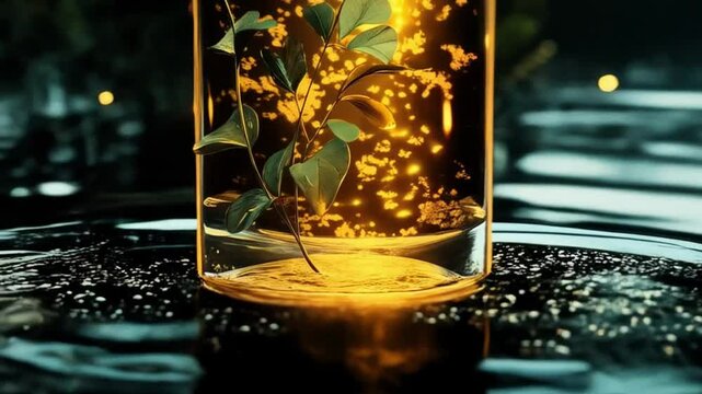 Magical glowing potion in a glass bottle splashes in a dark forest setting at night