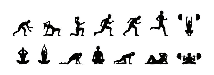 Collection of Sport Workout Exercise Silhouettes Performing Running Yoga and Weightlifting isolated on White