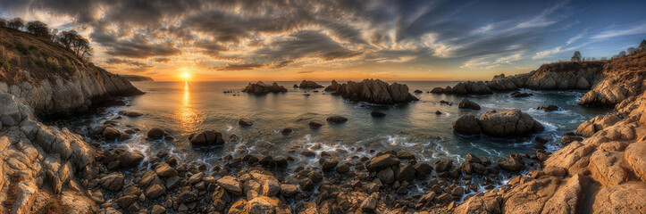 wild rocky ocean cove at sunset