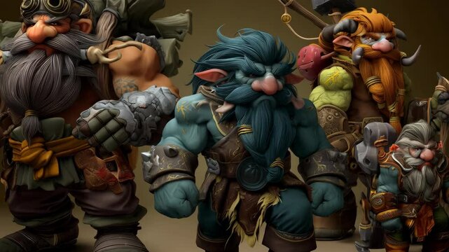 Group of fantasy dwarf characters with beards and sturdy armor, featuring a diverse range of appearances and weapons standing together, studio shot.