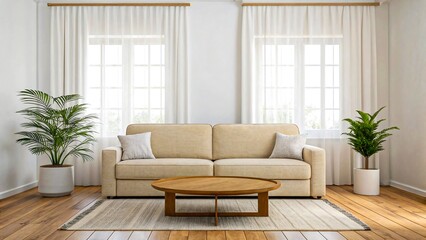 Fototapeta premium Modern beige living room interior with sofa wooden coffee table and green potted plants 