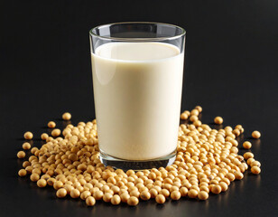 a glass of soy milk surrounded by soybean seeds. isolated on a black background. studio shot.