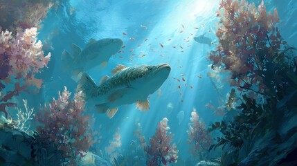 Fototapeta premium Submarine Serenity: Two Majestic Fish Gracefully Swim Through a Vibrant Coral Reef