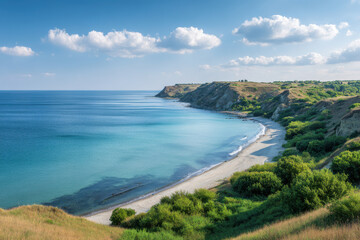 Fototapeta premium serene summer landscape of black sea in ukraine featuring golden sandy beaches and gentle waves