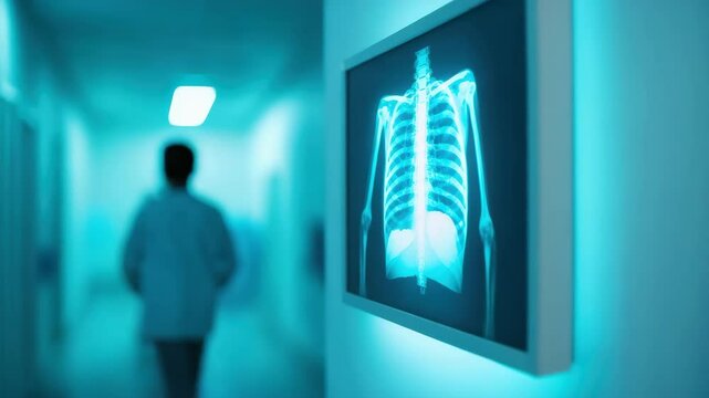 X ray chest vdo of human skeleton showing ribs and spine on lightbox in hospital corridor with blurred medical staff, highlighting healthcare, medical technology, and diagnostic radiology