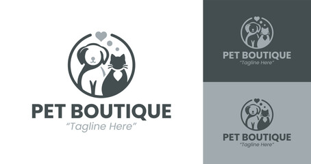 Chic Pet Boutique Logo with Heart and Cat and Dog Pairing Design