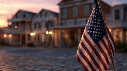 American flag historic town dusk