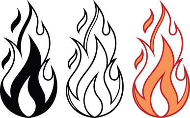 Vector flame set, crayon effect, sketchy lines, vivid hues.
