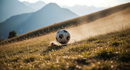 A soccer ball rolling down the mountains. 