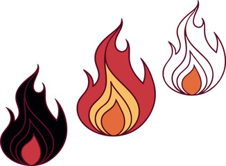 Flame icon set in colorful silhouette and outline. Pastel, scribbled, textured, artistic, smooth, fluid, intense, modern, bright, sketch, funky, expressive, sharp, cool, gradient, vivid, playful, bold
