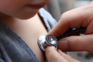 Fototapeta premium Caring Doctor Examining A Young Patient Close Up Stethoscope Touching A Child’s Chest Healthcare Professional