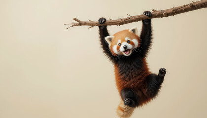 Obraz premium Red panda hanging with both paws from tree branch in playful cartoon pose on beige background, stylized wildlife animal with happy expression and fluffy tail for fun animal concept illustration