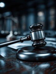 Gavel and sound block on a dark wooden surface in a courtroom.