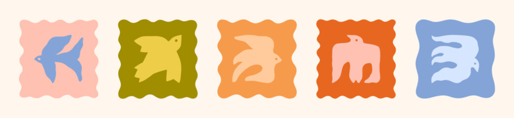 Naive Art Birds Icons Set. Vector Abstract Square Illustrations in Freehand Retro Style for Logo, Print, Pattern, Poster, Web Design