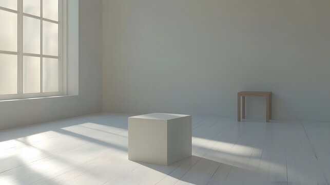 Empty room with a white cube and a small table.
