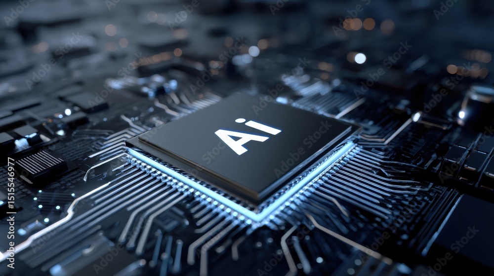 Fototapete Modern Artificial Intelligence Processor Chip Design Featuring Intricate Circuitry in a Digital Environment