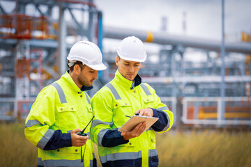 Engineers workers with tablet in a refinery - oil processing equipment and machinery, Industry zone gas petrochemical. Factory oil storage tank and pipeline. Workers in the refinery construction.