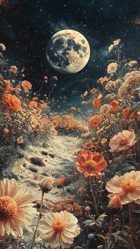 Surreal moonlit path winds through fields of blooming orange and white flowers under a large, detailed moon and starry cosmos. Ethereal fantasy landscape.