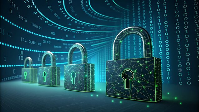 Padlocks in a row with binary code in the background design