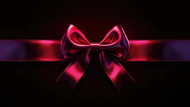 Shiny red satin ribbon bow tied neatly on dark background creating elegant festive decoration with smooth texture and vibrant color for gift wrapping and celebration