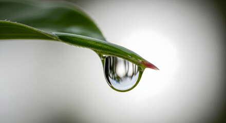 Obraz premium Water Droplet Reflection on Green Leaf with Clear Background in Nature