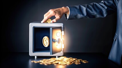 A person places a gold coin into an open safe filled with gold coins, symbolizing wealth and security.