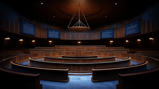 Grand, dark lecture hall with wooden seating and displays