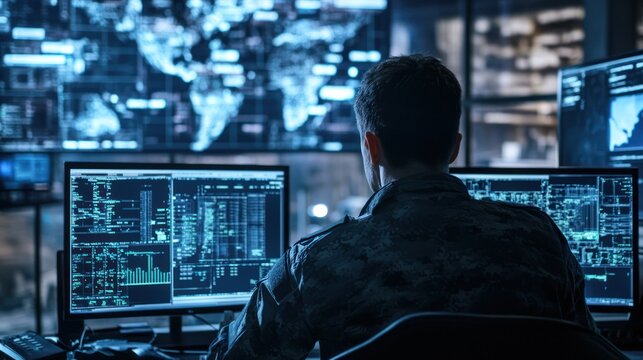 Military personnel analyzing data on multiple screens in a secure environment