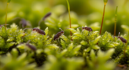 Tiny Springtails Thriving On Vivid Green Moss In An Enchanting Miniature World