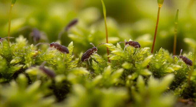 Tiny Springtails Thriving On Vivid Green Moss In An Enchanting Miniature World