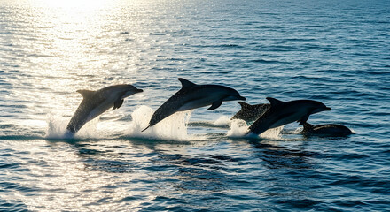 Obraz premium Dolphins Leaping In the Ocean, Sunlight Reflecting off Sea Surface at Dusk