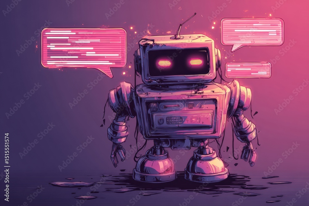 Poster Glitching Chatbot Illustration With Speech Bubbles Showing Error Messages in a Vivid Layout