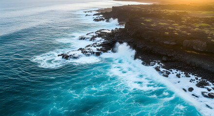 Dramatic Coastal Scenery With Powerful Waves Crashing Against Black Cliffs