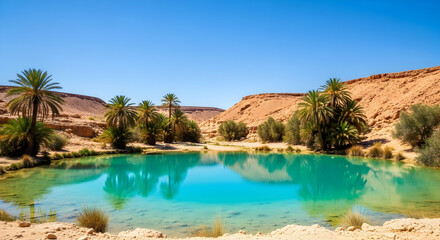 Obraz premium Idyllic Oasis Landscape With Turquoise Water And Majestic Palm Trees