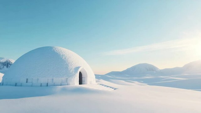 Snow igloo dome in frozen arctic landscape with snow covered mountain under clear blue sky, capturing cold winter atmosphere and peaceful snowy scenery