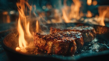 Two steaks cooking on a grill with flames visible.