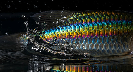 Iridescent Fish Leaping From Water Creating Splashes On Dark Background
