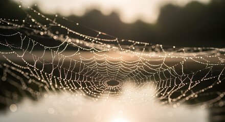 Intricate Web Adorned with Dewdrops Glistening Under the Morning Sunlight