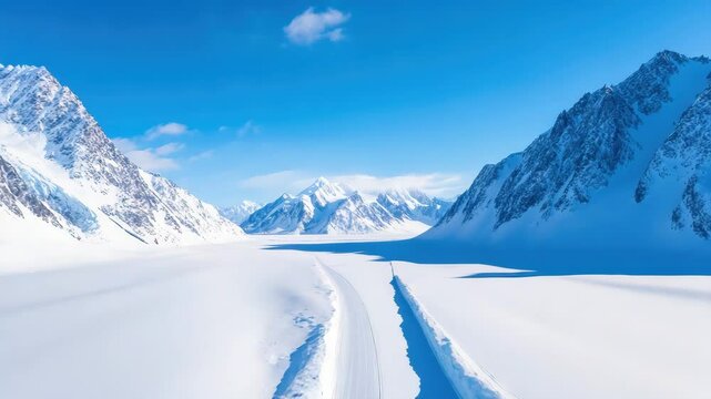 Snow mountain landscape with clear blue sky and snowy road cutting through valley, creating serene and cold winter outdoor nature atmosphere