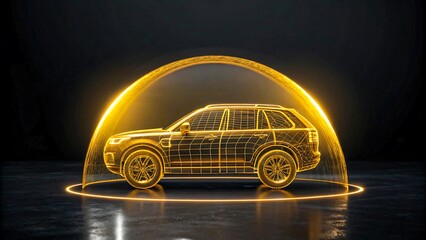 Futuristic yellow digital car model inside glowing protective dome on dark background
