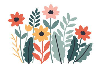Colorful Floral Illustration with Retro Style Flowers and Leaves- Whimsical Flower Arrangement for Spring and Summer Designs- Modern Botanical Clipart Image for Creative Projects