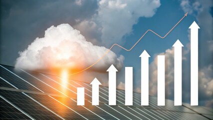 Solar panels under a bright sky with a rising graph, symbolizing growth in renewable energy and solar power industry trends.