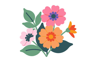 Colorful Flower Bouquet Illustration- Vibrant Floral Arrangement with Pink, Orange, and Red Blooms- Botanical Art with Green Leaves for Spring and Summer Designs