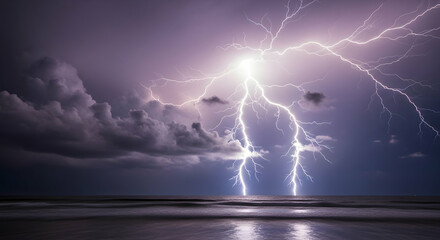 Spectacular Lightning Storm Over Ocean With Dark Moody Sky At Night