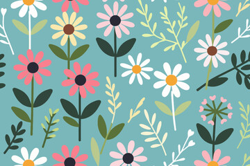 Seamless Floral Pattern on Teal Background - Cute Daisy Flowers and Delicate Branches - Springtime Inspired Textile Design for Home Decor and Fashion Projects