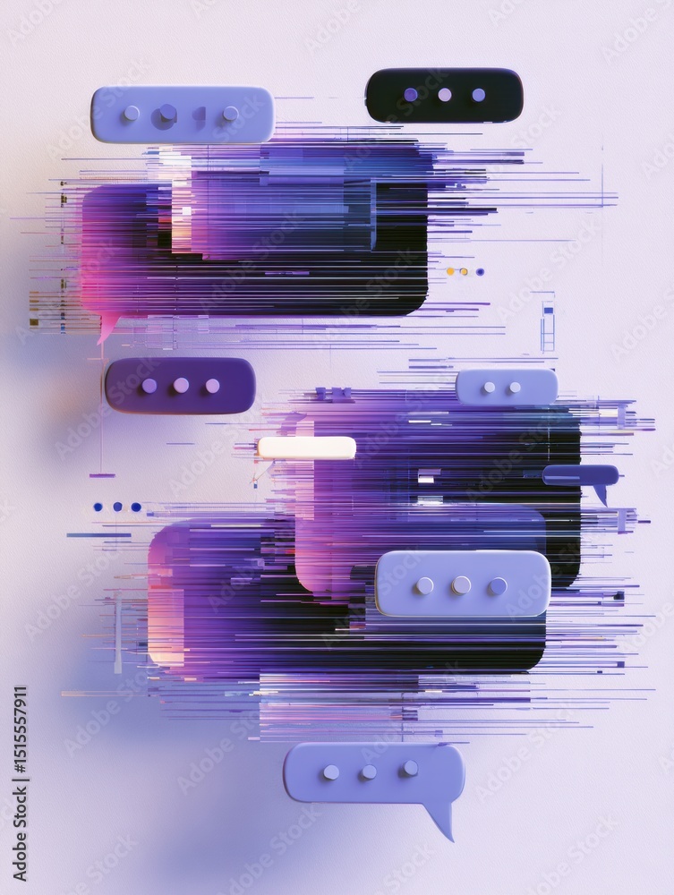 Poster broken chatbot illustration featuring glitching speech bubbles in a modern digital layout
