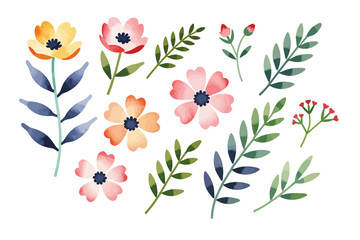 Watercolor Floral Illustration - Delicate Flowers and Green Leaves - Botanical Design for Spring and Summer Projects - Artistic Floral Clipart Image