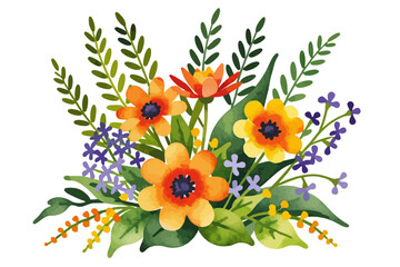 Watercolor Flower Bouquet Illustration- Vibrant Orange and Yellow Blooms with Purple Accents- Artistic Floral Design for Invitations and Decor
